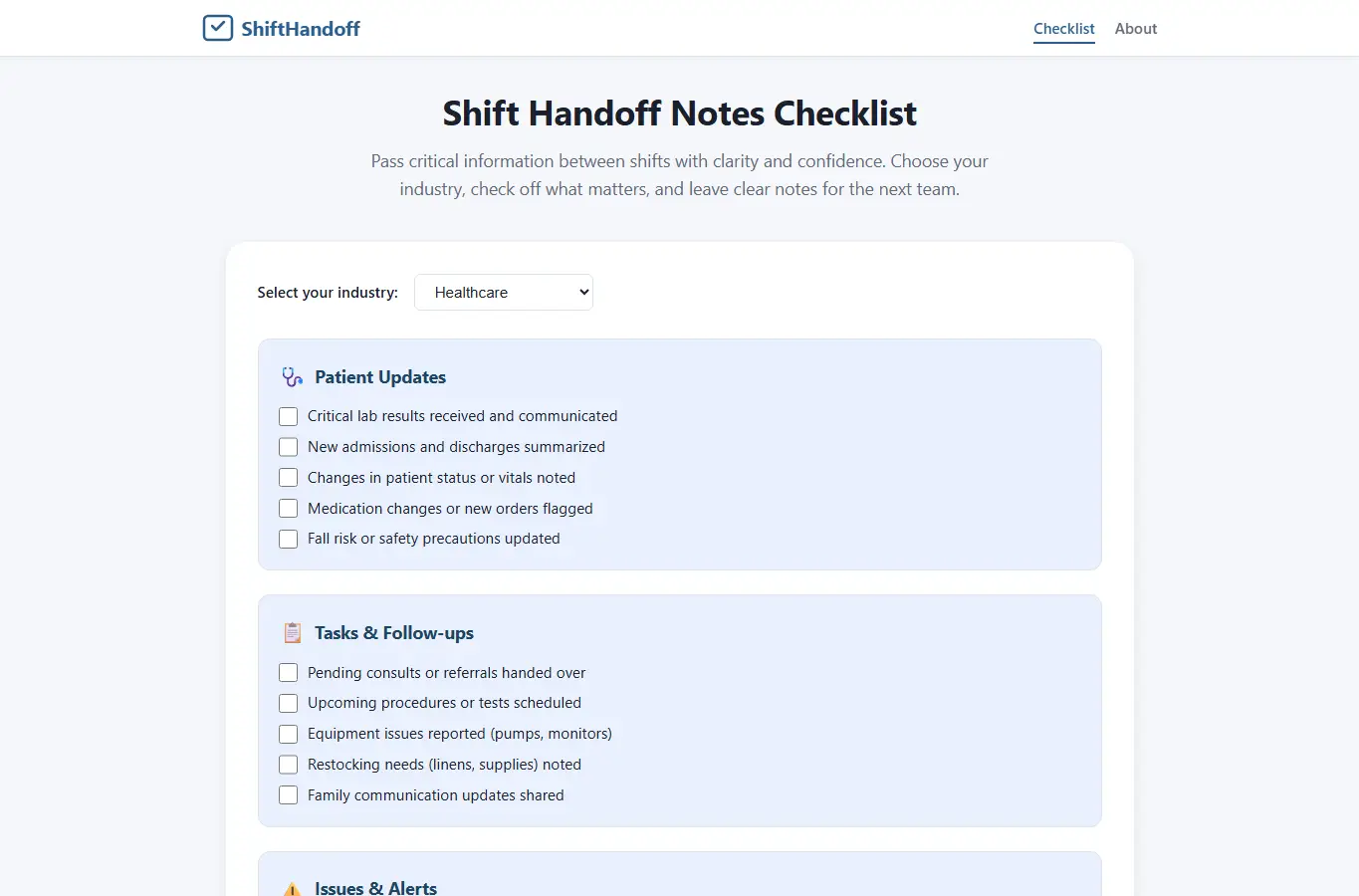 Screenshot of Shift Handoff Notes Checklist interface showing the project page in use